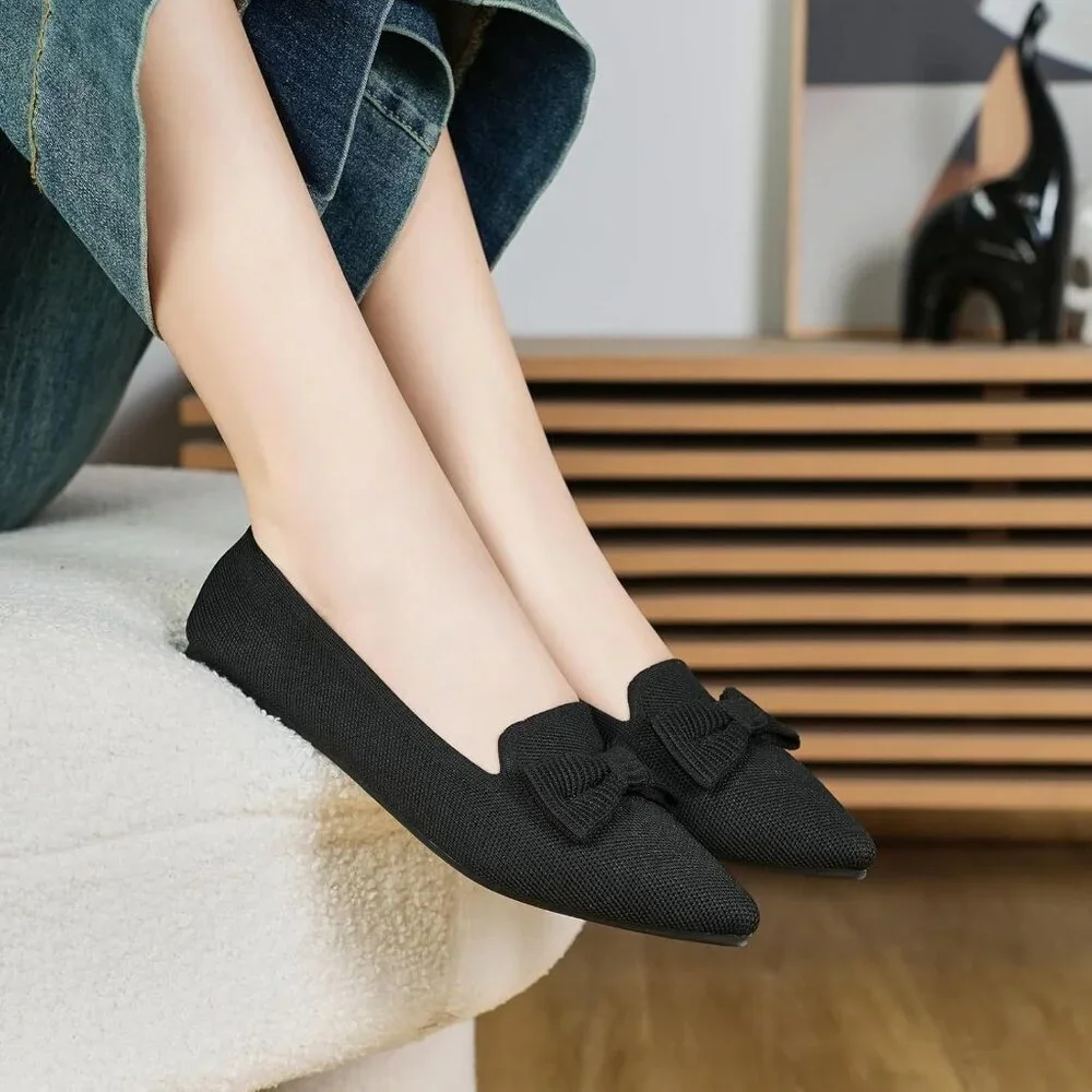 Women Black Pointed Toe Dressy Comfortable Knit Breathable Mesh Ballet Flats